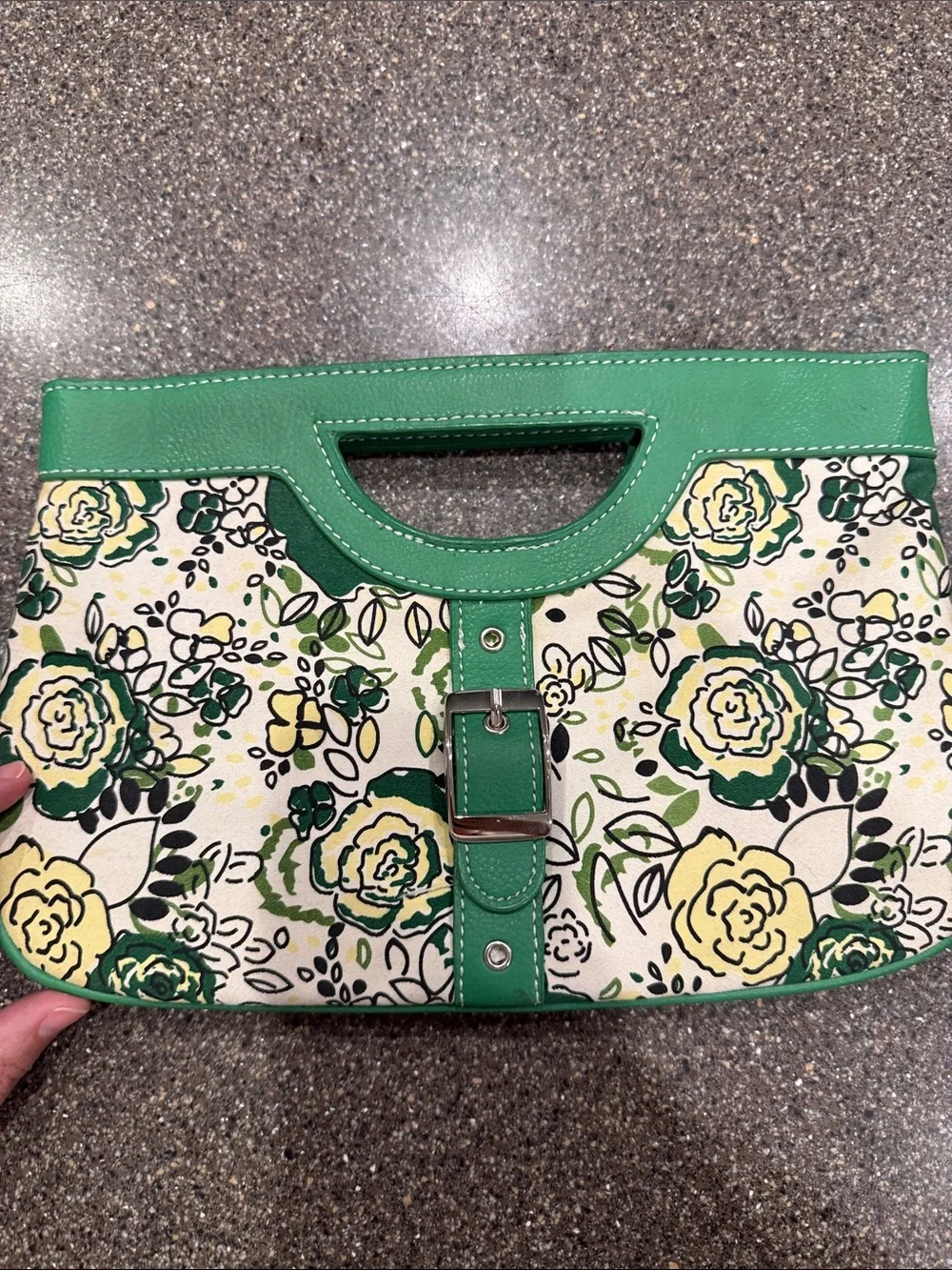 New York & Company Green and Yellow Floral Canvas Clutch
